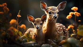 linda ciervo en el bosque, joven y pequeño, mirando a cámara generado por ai foto