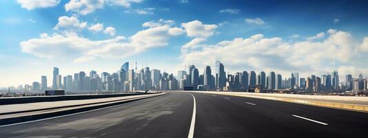 un imagen de vacío asfalto la carretera y moderno ciudad horizonte panorama en llevar a la fuerza generativo ai foto