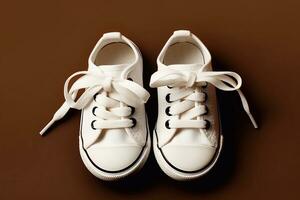 A image of White baby shoes on beige background, top view, copy space Generative AI photo