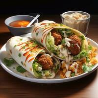 Tortilla wrap with falafel and vegetables on wooden table on dark background Generative AI photo