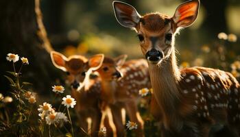 Cute young deer in meadow, looking at camera, standing gracefully generated by AI photo