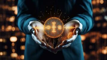 Close up of businessman holding glowing light coin. Idea and innovation concept Generative AI photo