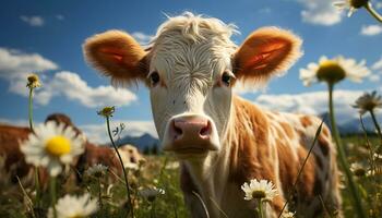Grass meadow, cow in nature, summer farm, flower animal generated by AI photo