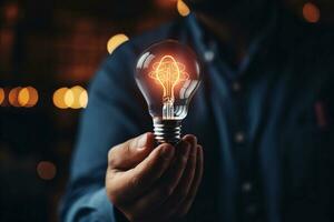 Close up of businessman holding glowing light bulb. Idea and innovation concept on blur background Generative AI photo