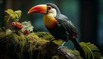 tucán encaramado en rama, vibrante colores en tropical selva generado por ai foto