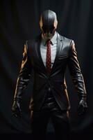 Futuristic man in a suit and mask with zombie mask on a black background Generative AI photo