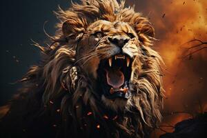 retrato de un masculino agresivo león con grande melena en el antecedentes generativo ai foto