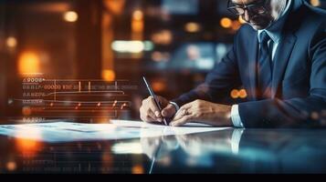 Close up of businessman using laptop. Idea and innovation concept Generative AI photo