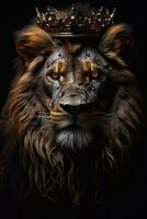 Lion king with golden crown on black background Fantasy illustration. Generative AI photo