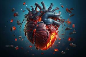 A photo of Human heart with blood vessels on blue background. 3d illustration. Generative AI