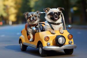 dos linda chihuahua perros conducción un juguete coche en el la carretera generativo ai foto