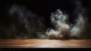 A photo of Wooden table in front of a dark background with smoke and fog Generative AI