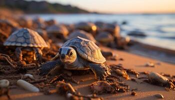 Tortuga gateando en el arenoso línea costera, disfrutando el tropical puesta de sol generado por ai foto