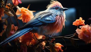 Animal perching on branch, feathered beak, nature vibrant colors generated by AI photo