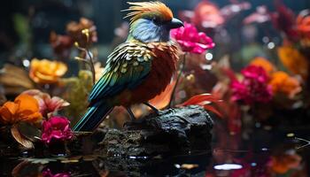 guacamayo encaramado en un rama, exhibiendo vibrante colores en naturaleza generado por ai foto