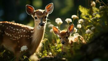 Cute deer grazing in meadow, surrounded by green summer beauty generated by AI photo