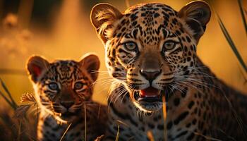 Majestic big cat walking in plain, staring at sunset beauty generated by AI photo