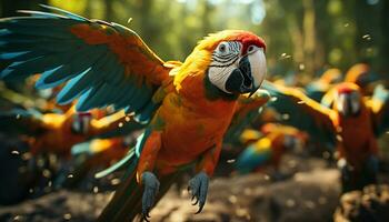 Vibrant macaw, beauty in nature, tropical rainforest, flying, colorful feathers generated by AI photo