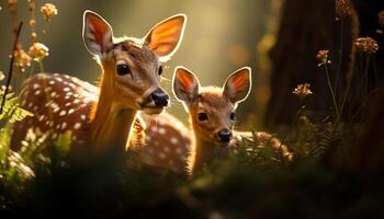 Cute deer in meadow, looking at camera, surrounded by nature generated by AI photo