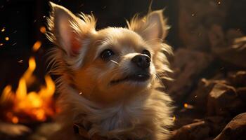 Cute puppy sitting on grass, looking at camera, playful and fluffy generated by AI photo