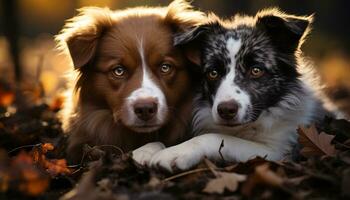 Cute puppy playing in the grass, surrounded by autumn leaves generated by AI photo