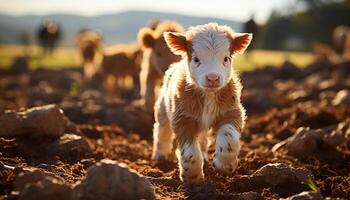 Cute mammal grazing in meadow, innocence in nature beauty generated by AI photo