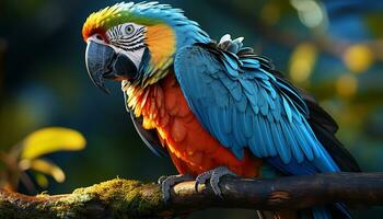 Vibrant scarlet macaw perching on a branch in tropical rainforest generated by AI photo