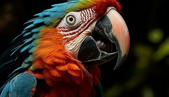 Vibrant scarlet macaw perching on branch, showcasing beauty in nature generated by AI photo