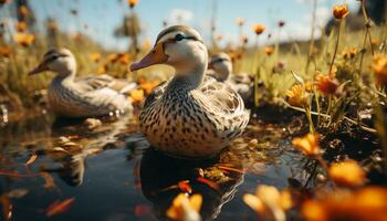 naturaleza belleza reflejado en tranquilo estanque, patos graznando en armonía generado por ai foto