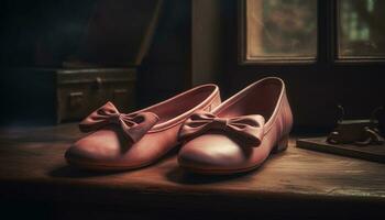 Fashionable men leather shoes on a rustic wooden table generated by AI photo