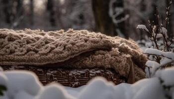 Winter snowy forest, a cozy woolen craft, homemade chocolate dessert generated by AI photo