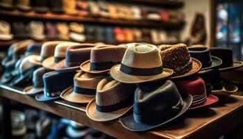 Moda Al por menor Tienda muestra elegante ropa colección con vaquero sombreros generado por ai foto