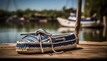 Wooden shoe, nautical vessel, summer water sport, travel rope fashion generated by AI photo