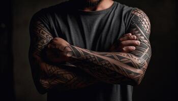 seguro, de moda hombre con un muscular construir y elegante tatuaje generado por ai foto