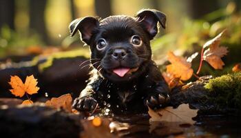 linda perrito jugando en otoño bosque, mirando a cámara generado por ai foto