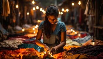 Smiling young woman enjoys candle warmth in cozy home interior generated by AI photo