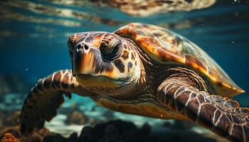 Tortuga nadando en tropical aguas, un hermosa acuático vivo organismo generado por ai foto