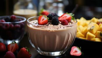 Freshness and sweetness in a bowl of healthy berry dessert generated by AI photo