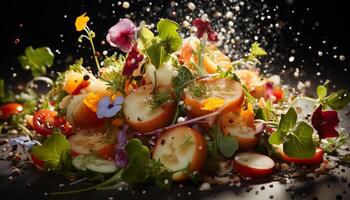 Freshness on a plate  healthy salad, gourmet vegetarian meal generated by AI photo