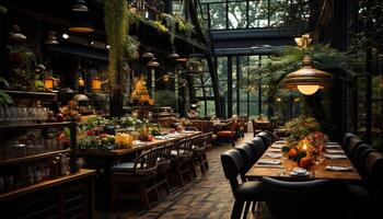 Indoor dining table with elegant chairs, surrounded by flowers and plants generated by AI photo