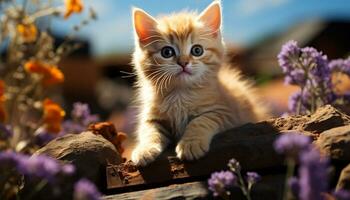 Cute kitten sitting in grass, staring at camera with curiosity generated by AI photo