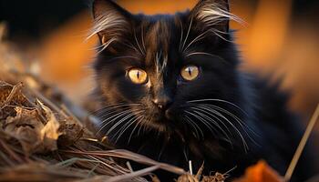 Cute domestic cat sitting, looking at camera in nature beauty generated by AI photo