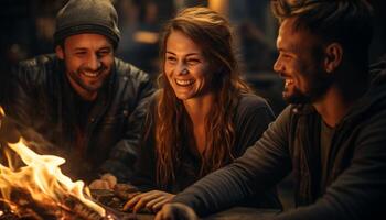 hombres y mujer sonriente, disfrutando hoguera, unión en naturaleza relajación generado por ai foto