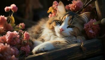 linda gatito dormido en césped, rodeado por hermosa flores generado por ai foto