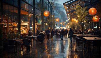 Nightlife in the city, bar illuminated with street lights, people walking generated by AI photo