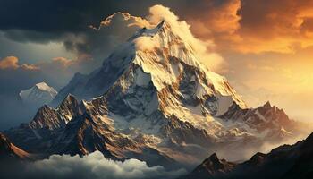 Majestic mountain peaks, snow capped and breathtaking, in panoramic nature generated by AI photo