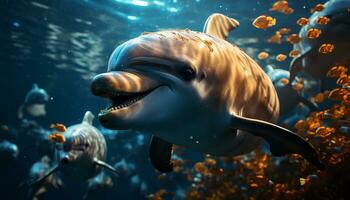 sonriente dibujos animados pescado nadando submarino en un tropical arrecife generado por ai foto