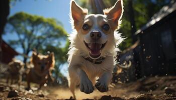 linda perrito jugando en el luz de sol, alegre y alegre generado por ai foto