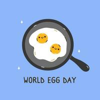 World Egg Day. Banner with cute eggs in a frying pan on a blue background. Perfect for posters, cards, social media, various designs. October 13th vector