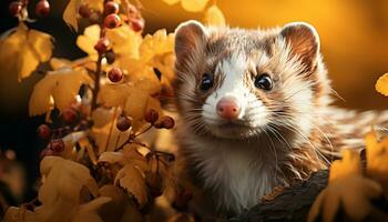 Cute small mammal, fluffy fur, playful hedgehog sitting in grass generated by AI photo